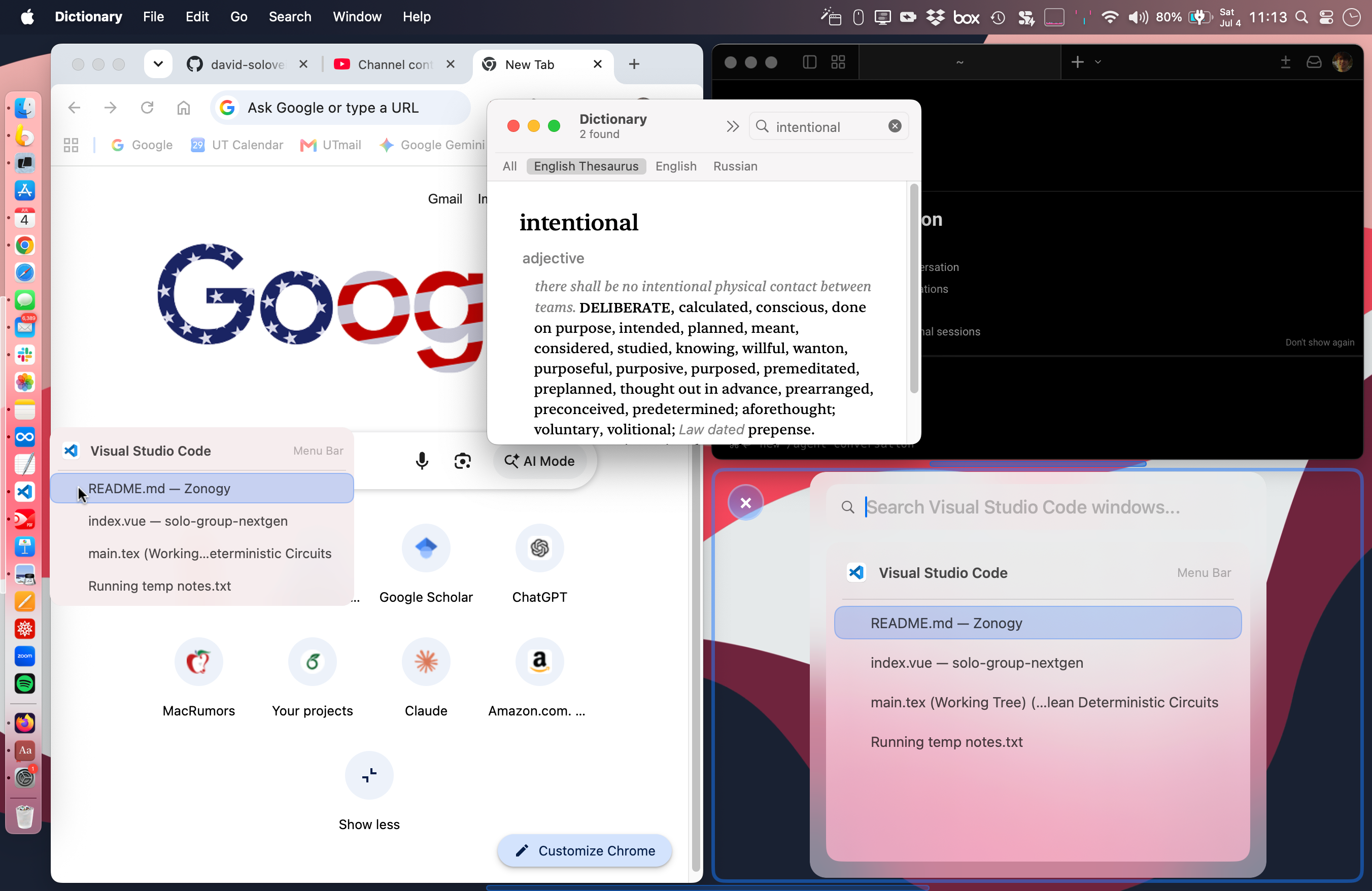 A Zonogy desktop with windows tiled into zones, the Launcher, and a DockMenus window list